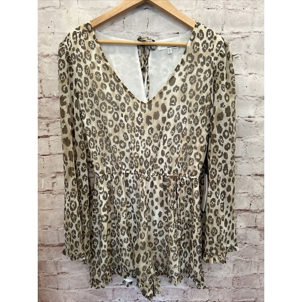 June & Hudson Womens M Cheetah Print Bell Sleeve Romper Olive Ivory Sheer NEW